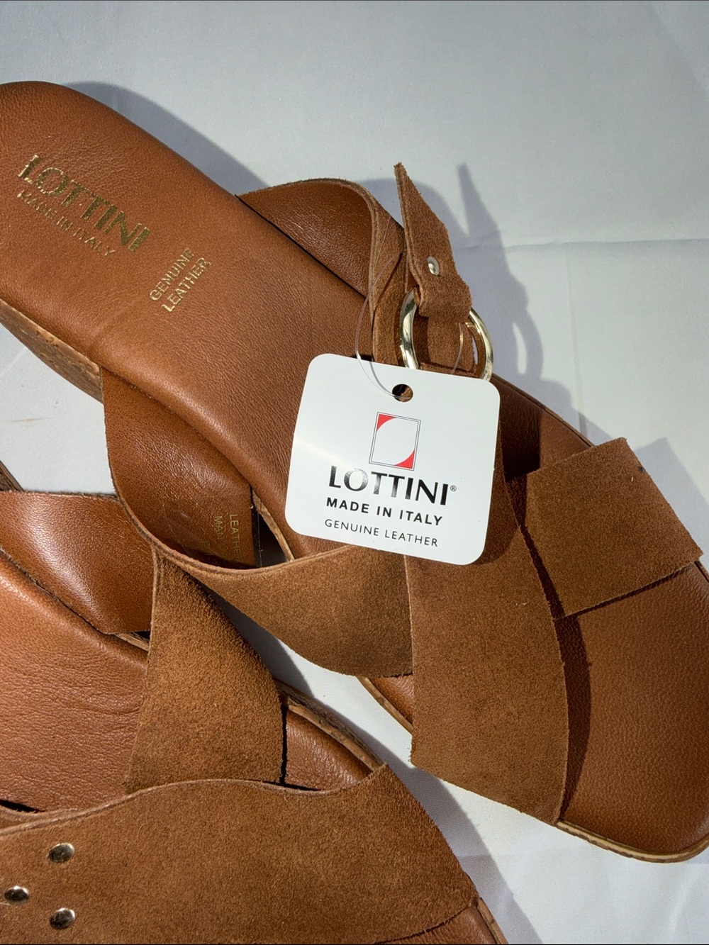 Lottini Italy Suede Cross Band Buckle Cork Wedge Slide Sandals Cuoio 9.5 NWT - Picture 2 of 6
